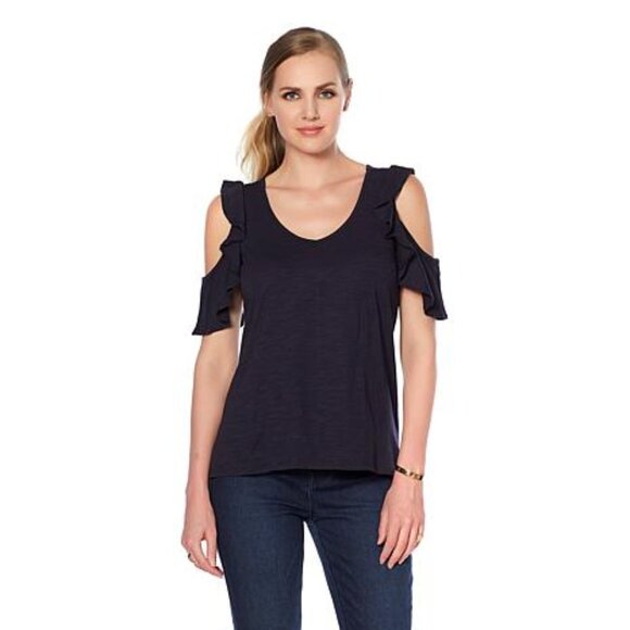 DG2 Diane Gilman Slub Cold Shoulder Ruffle Top - Picture 1 of 4